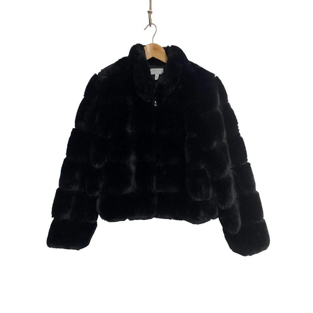 Sofia Jeans Faux Fur Puffer Jacket Womens Small Black Zip Glam Mobwife Evening